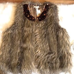 Faux Fur Vest Sequin Collar O/S Coffeebean NWT